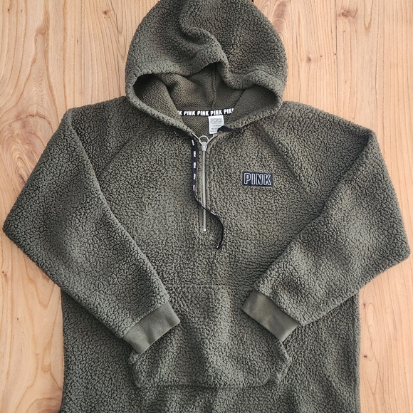 Victoria's Secret PINK Olive Green Sherpa Varsity Fleece Half-Zip - LG - Picture 4 of 7